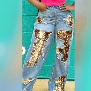 Gold sequin denim jeans